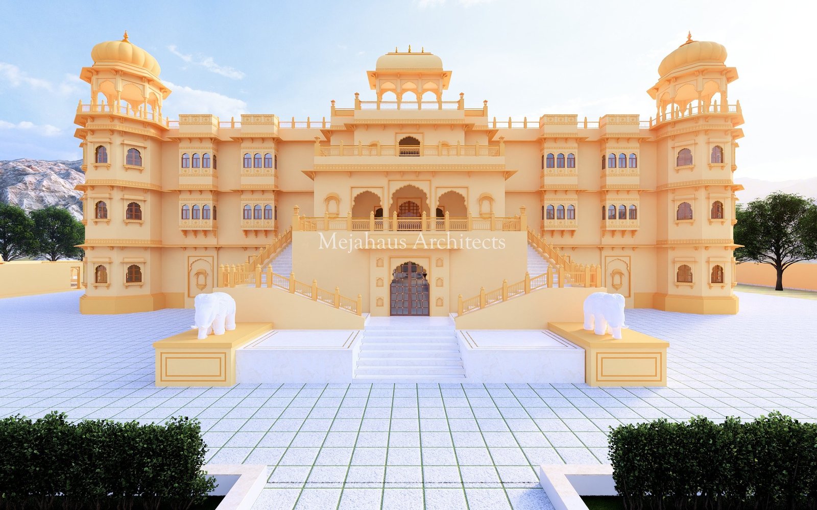 A grand heritage palace at golden hour, designed by Mejahaus Architects
