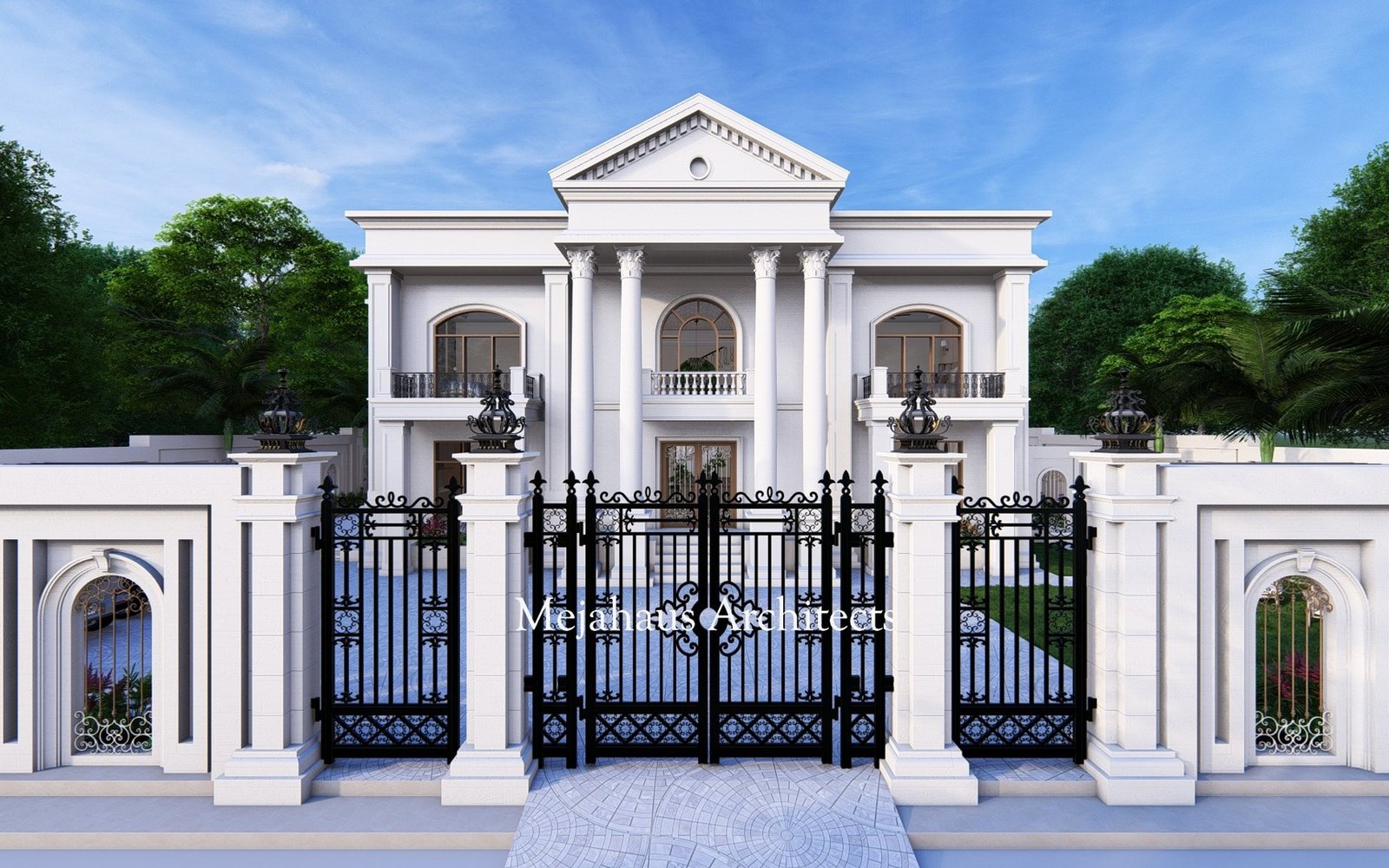 A classic Mejahaus villa with a colonnaded portico